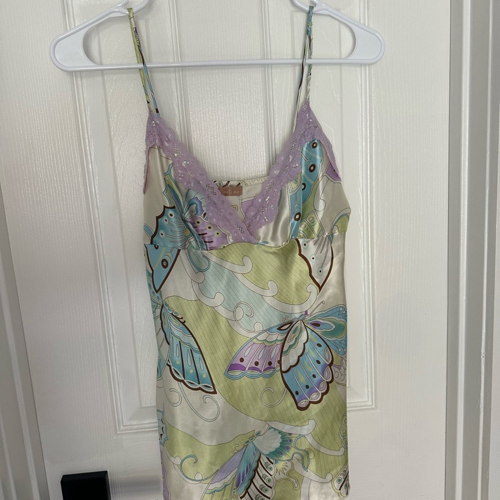 Butterfly Print Tank Top with Lace Trim